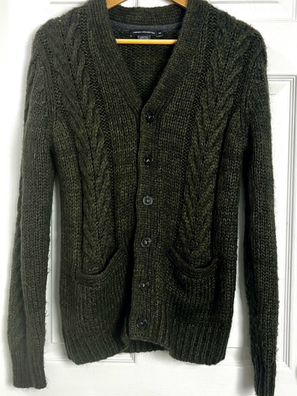 French Connection Mohair Blend Cable Knit Cardigan Olive Green XS